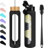 FULBEVY 32 oz Glass Water Bottles - 1 Liter Motivational Tumbler Water Bottle Time Marker - Borosilicate Glass Water Bottle With Silicone Sleeve and 2 Lids, Handle Spout & Bamboo Straw Lid - Image 2