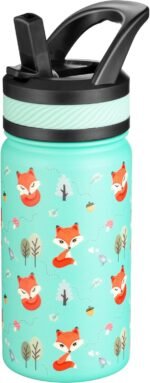 Fanhaw 14 Oz Kids Insulated Water Bottle with Straw - Stainless Steel Double Wall Vacuum Cup, Leakproof, BPA Free, Suitable for Boys and Girls(Green - Little Fox) - Image 2
