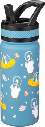 Fanhaw 18 Oz Kids Insulated Water Bottle with Straw - Stainless Steel Double Wall Vacuum Cup, Leakproof, BPA Free, Suitable for Boys and Girls(Cyan - Duck in Space) - Image 2