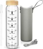 Ferexer 32oz Borosilicate Glass Water Bottle with Straw & Time Marker, Wide Mouth Motivational Water Bottle with Neoprene Sleeve and Bamboo Lid - Image 2