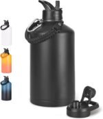 Fijinhom Gallon Water Bottle with 2 Lids (Straw & Spout), 304 Stainless Steel Water Jug with Handle and Wide Mouth, 1 Gallon Vacuum Double Walled Jug for Sports, Outdoors, Leak-Proof, Black 128 oz - Image 2