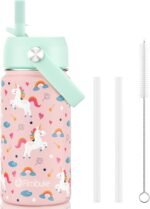 Fimibuke Kids Insulated Water Bottle, 14oz BPA FREE 18/8 Stainless Steel Travel Tumbler Double Wall Vacuum Leak Proof Kids Cup with Straw Metal Water Bottle for School Boys Girls(1 Pack, UNICORN) - Image 2