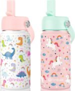 Fimibuke Kids Insulated Water Bottle, 14oz BPA FREE Double Wall Vacuum Tumbler 18/8 Stainless Steel Leak Proof Kids Cups with Straw Metal Bottle for School Boy Girl (2 Pack, UNICORN/WHITE DINOSAUR) - Image 2