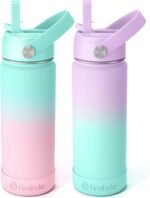 Fimibuke Kids Insulated Water Bottle - 18oz BPA-FREE 18/8 Stainless Steel Kid Cup with Straw Travel Tumbler Leak Proof Double Wall Vacuum Toddler Water Bottle for School Boy Girl（2 Pack, Candy/Bubble） - Image 2