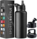 FineDine Triple Walled, Insulated Water Bottles with Straw - 32 Oz Stainless Steel Metal Bottle W/ 3 Leak Proof Lids - For Travel, School, Sports, Gym/Men, Women & Kids - Inky Raven Black - Image 2