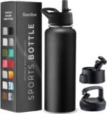 FineDine Triple Walled, Insulated Water Bottles with Straw - 40 Oz Stainless Steel Metal Bottle W/ 3 Leak Proof Lids - For Travel, School, Sports, Gym/Men, Women & Kids - Inky Raven Black - Image 2