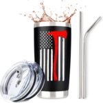 Firefighter Gifts for Men | Stainless Steel Travel Tumbler/Mug with Lid for Coffee Cup| Thin Red Line Flag Design for Fireman | Fire Department | First Responder Valentine's Day Gift (20oz Black) - Image 2