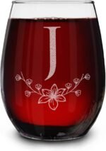 Floral Monogram Engraved Initial Letter Stemless Wine Glass 15 oz. Personalized Monogrammed Custom Gift (J) - Image 2