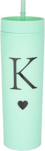 Forest Kiss Letter K Personalized Initial Gifts for Women Men 16oz Double Wall Mint Plastic Skinny Tumbler Monogrammed Matte Slim Cup Wedding Graduation Birthday Gift (K) - Image 2