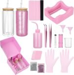 Foxtell 18 Pcs Snow Globe Tumbler DIY Kit 16 oz Pre Drilled Wall Double-Wall Snow Globe Cups with Lids Glitter Tools & Accessories Complete Craft Set for Making Custom Glitter Tumblers (Pink) - Image 2