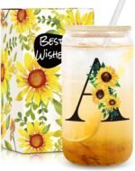 Frerdui Birthday Gifts for Women, Initial Glass Cups w Lids and Straws, Sunflower Gift for Women, Personalized Gift, 16oz Glass Tumbler Cups W/Straw Lid, Monogrammed Birthday Gifts for Her Mom - A - Image 2