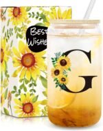 Frerdui Birthday Gifts for Women, Initial Glass Cups w Lids and Straws, Sunflower Gift for Women, Personalized Gift, 16oz Glass Tumbler Cups W/Straw Lid, Monogrammed Birthday Gifts for Her Mom - G - Image 2