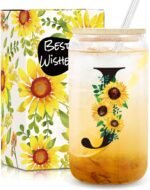 Frerdui Birthday Gifts for Women, Initial Glass Cups w Lids and Straws, Sunflower Gift for Women, Personalized Gift, 16oz Glass Tumbler Cups W/Straw Lid, Monogrammed Birthday Gifts for Her Mom - J - Image 2