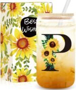 Frerdui Birthday Gifts for Women, Initial Glass Cups w Lids and Straws, Sunflower Gift for Women, Personalized Gift, 16oz Glass Tumbler Cups W/Straw Lid, Monogrammed Birthday Gifts for Her Mom - P - Image 2