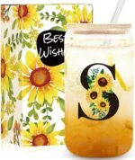 Frerdui Birthday Gifts for Women, Initial Glass Cups w Lids and Straws, Sunflower Gift for Women, Personalized Gift, 16oz Glass Tumbler Cups W/Straw Lid, Monogrammed Birthday Gifts for Her Mom - S - Image 2