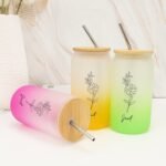 Frosted Coffee Cup with Bamboo Lid 16 Oz Birth Flower Glass Water Bottle with Name Cute Customized Anniversary Women Gifts Glass Coffee Cup for Iced Coffee New Year Mom Best Friend Gifts - Image 2