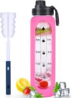 GIEMIT Glass Water Bottles 32oz with Silicone Sleeve Drinking Hydration Bottles Reusable Borosilicate Wide Mouth Motivational Water Flask Canteen with Time Marker Spout Lid and Brush (Rose Red-32 oz) - Image 2