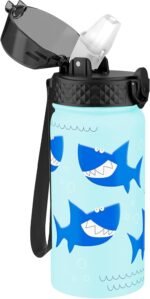 GOPPUS Kids Water Bottle (Straw Lid) - 14 Oz Stainless Steel Travel Bottle, Double Wall Vacuum Leak Proof Kids Cup for School Boys Girls,Iron Shark - Image 2