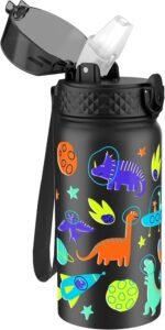 GOPPUS Kids Water Bottle (Straw Lid) - 14 Oz Stainless Steel Travel Bottle, Double Wall Vacuum Leak Proof Kids Cup for School Boys Girls,Space dinosaur - Image 2