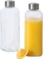 Gibson Home Aspen Heights 2 Pack 33 OZ (1 Liters) Large Embossed Reusable Glass Bottles w/Airtight Leakproof Stainless Steel Lid, Pitcher for Water, Milk, Juice - Dishwasher Safe - Image 2