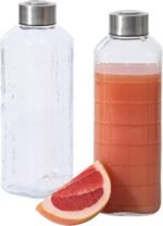 Gibson Home Whistler Peak 2 Pack 33 OZ (1 Liters) Large Embossed Reusable Glass Bottles w/Airtight Leakproof Stainless Steel Lid, Pitcher for Water, Milk, Juice - Dishwasher Safe - Image 2