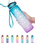 Giotto 32oz Large Leakproof BPA Free Drinking Water Bottle with Time Marker & Straw to Ensure You Drink Enough Water Throughout The Day for Fitness and Outdoor Enthusiasts-Ombre Green Purple - Image 2