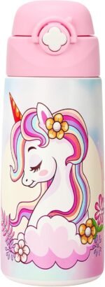 Girls Insulated Water Bottle with Covered Pop-Up Straw,16 oz Kids Cups with Stainless Steel Leak Proof for School Pink（Unicorn） - Image 2