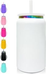 Glass Cups with Lids and Straws, 16 oz Stainless Steel Cups, Insulated Skinny Tumbler, Powder Coated Travel Mugs for Laser Engrave, Iced Coffee Cup for Smoothie Water DIY Gift (White,1 pack) - Image 2