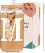 Glass Cups with Lids and Straws: Personalized Initial Glass Cup Be Used As Reusable Iced Coffee Cups with Lids,Cute Matcha Tumbler - The Christmas/Birthday Gifts for Women - M Smoothie Cup - Image 2