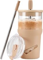 Glass Tumbler with Lids and Straws, 20 oz Iced Coffee Cup and Smoothie Cup with Bamboo Lid and On the go Lid,Glass Cups With Straws - Image 2