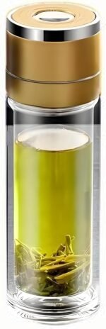 Glass Water Bottle Fits in Car Cup Holder, 14 oz Double Wall Borosilicate Glass Tea Infuser Bottle, One Handed One Key Lid Opening, for Car, Home, Office - Image 2