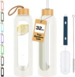 Glass Water Bottles 32 oz - Motivational Drinking Glass Water Bottle with Silicone Sleeve, Straw & 2 Bamboo Lids - 1 Liter Clear Borosilicate Daily Intake Tumbler with Time Marker - Cream - Image 2