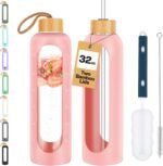 Glass Water Bottles 32 oz - Motivational Drinking Glass Water Bottle with Silicone Sleeve, Straw & 2 Bamboo Lids - 1 Liter Clear Borosilicate Daily Intake Tumbler with Time Marker - Pink - Image 2