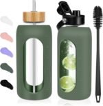 Glass Water Bottles 64 oz - Half Gallon Large Motivational Daily Water Intake Bottle Time Marker - Glass Water Bottle With Straw, Silicone Sleeve 2 Lids, Handle Spout & Bamboo Lid(Olive) - Image 2