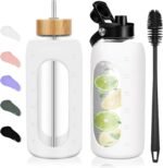 Glass Water Bottles 64 oz - Half Gallon Large Motivational Daily Water Intake Bottle Time Marker - Glass Water Bottle With Straw, Silicone Sleeve 2 Lids, Handle Spout & Bamboo Lid(White) - Image 2