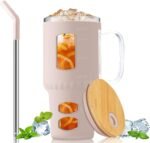 Glass Water Tumbler with Straw and Lid, 32 oz Water Bottle with Handle,Bamboo Lid & Stainless Steel Straw, Portable for Car Holder, Office, Outdoor, Gym - Image 2