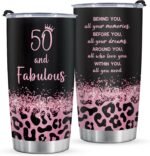 GoMelley 50th Birthday Gifts for Her, 50th Birthday Tumbler Gifts for Women, 50 Year Old Gift for Women Mom Friend Sister Wife, 50 and Fabulous Travel Mug, 20oz, Leopard - Image 2