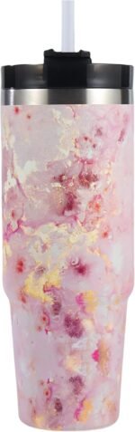 Gold Rose Marble 30 oz Tumbler with Lid And Straw,Stainless Steel Vacuum Insulated Travel Mug,Reusable Water Bottle Vacuum Travel Coffee Mug Cup,Personalized Design Pink Tumbler Gift for Women Girls - Image 2