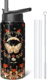 Goth Gifts 18oz Sport Water Bottle with Flip Straw & Spout Lid, Gothic Poppy Moth Stainless Steel Insulated Gym Water Bottle, Mushroom Moon Gifts for Women Men (1 PC) - Image 2