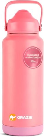 Grazie 18 Oz Stainless Steel Water Bottle – Double Wall Vacuum Insulated, Leak-Proof, BPA Free, Wide Mouth Travel Bottle with Straw – Reusable, Durable, Eco-Friendly, Hot & Cold (Pink) - Image 2