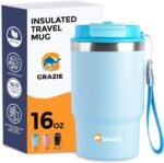 Grazie Insulated Stainless Steel Coffee Mug Travel Tumbler w/Flip Straw Lid & Handle – Double Wall Vacuum Thermal Cup for Hot Cold Drinks, Leakproof Reusable Portable Flask - 16oz - Ocean Mist - Image 2