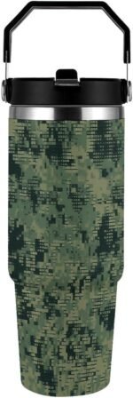 Green Army Digital Camouflage Tumbler Stainless Steel Double Walled Tumbler Large Capacity Vacuum Cup Leakproof Travel Coffee Mug Reusable Insulated Water Bottle with Lid Fit in Car Cup Holder - Image 2