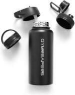 Gymreapers Insulated Water Bottle - Stainless Steel 32 Oz, 3 lids (Straw, Chug, Canteen), Double Walled Vacuum Insulation, Thermo Mug Cold Hot - Durable Powder Coated Finish (Black) - Image 2