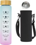 HOLABEAR Glass Motivational Daily Water Intake Bottle with Time Marker 32oz, Reusable, with Leakproof Bamboo Lid and Shoulder Sleeve, for Hot and Cold Drinks, BPA Free(Blue) - Image 2