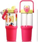 HYDRAGLAZIC Glass Tumbler with Carry Handle, Clear Glass Water Bottle with Leakproof Lid, Spout Lid&Straw, BPA-Free, 32 oz, Bright Pink - Image 2