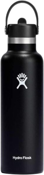HYDRO FLASK - Water Bottle 621 ml (21 oz) with Flex Straw Cap - Vacuum Insulated Stainless Steel Reusable Water Bottle - Leakproof Lid - Hot and Cold Drinks - Standard Mouth - BPA-Free - Black - Image 2