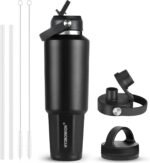 HYDROWION 32 oz Insulated Water Bottle, Car Water Bottle Holder - Double Wall Vacuum Insulated Travel Bottle with Straw Lid, Spout Lid and Flex Cap - Cold for 24H, Hot for 12H, Black - Image 2