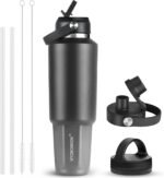 HYDROWION 32 oz Insulated Water Bottle, Car Water Bottle Holder - Double Wall Vacuum Insulated Travel Bottle with Straw Lid, Spout Lid and Flex Cap - Cold for 24H, Hot for 12H, Black - Grey - Image 2