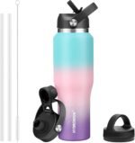 HYDROWION Stainless Steel Water Bottle, 32oz Wide Mouth Double Wall Vacuum Insulated Water Bottle with Straw Lid, Spout Lid and Flex Cap, Leakproof,Fit in Any Car Cup Holder, Mint&Pink&Purple - Image 2