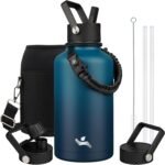 Half Gallon Insulated Water Bottle with Straw,64 oz 3 Lids Water Jug with Carrying Bag,Paracord Handle,Double Wall Vacuum Stainless Steel Metal Flask,Indigo Black - Image 2